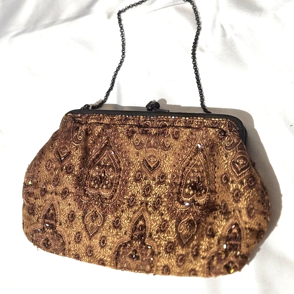 Moyna Handbags - Moyna Brown Sequined Brocade Clutch with Metal Frame